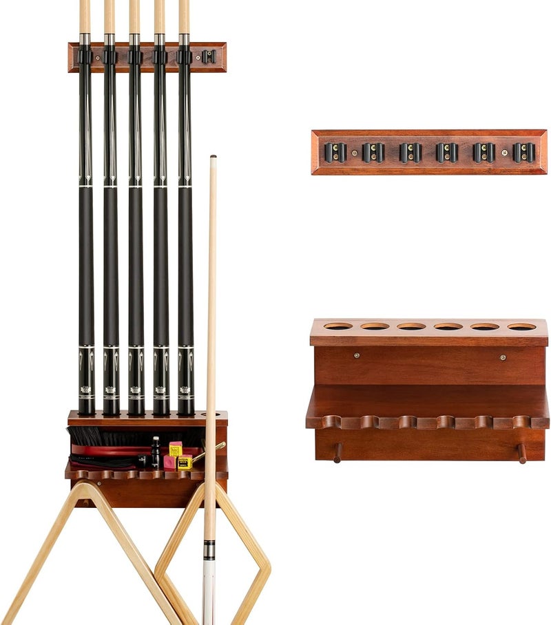 EXTCCT Wall Mount Pool Stick Holder - Billiards Pool Cue Rack Hardwood Pool Cue Set Holder for 6 Cues Sticks Storage Pool Table Accessories Equipment Organizer - Image 1
